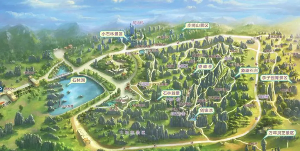 Map of the Stone Forest Scenic Area in Kunming, Yunnan, China