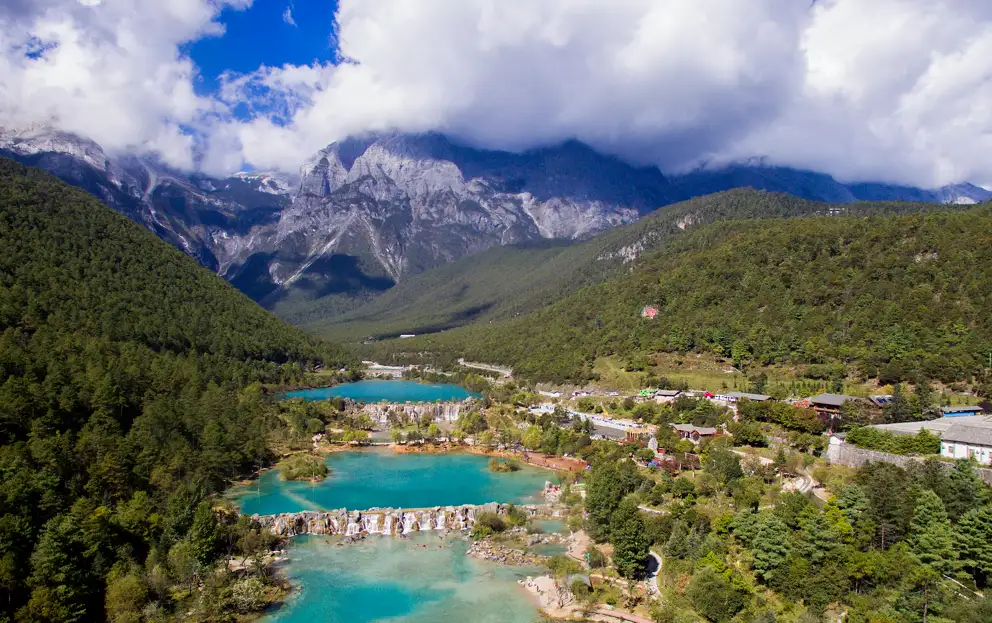 Aerial view of Blue Moon Valley waterfalls and lakes