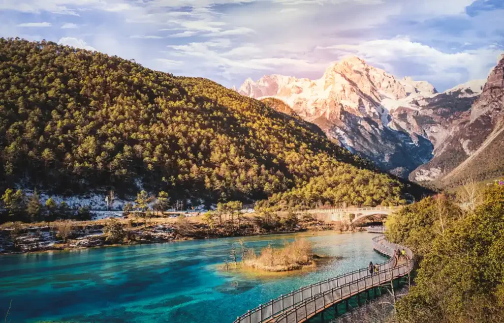 Blue Moon Valley lake with Jade Dragon Snow Mountain backdrop