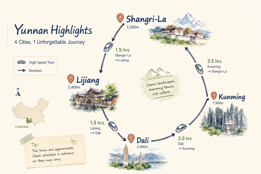 7 days in Yunnan route map Kunming to Shangri-La