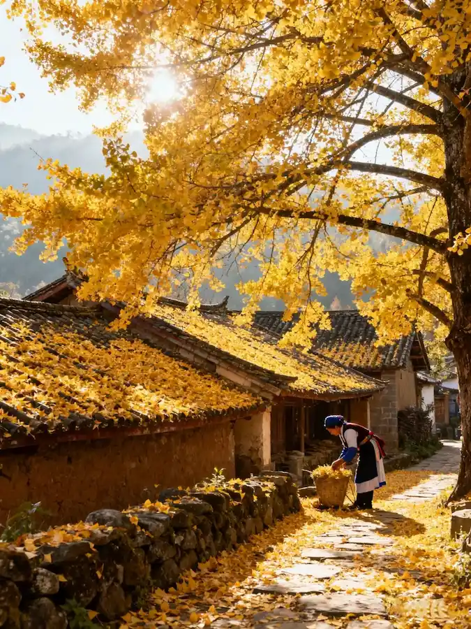 Golden ginkgo leaves covering Tengchong village, best time to visit Yunnan autumn