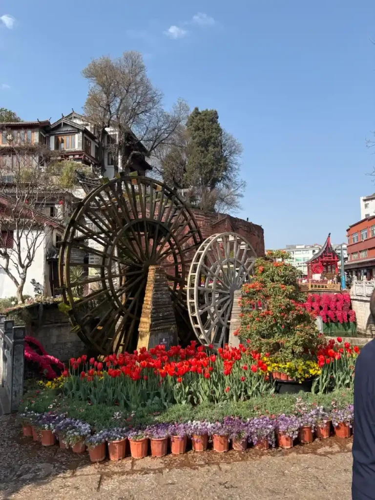 Water Wheel at north entrance of Lijiang Old Town Yunnan China at sunrise