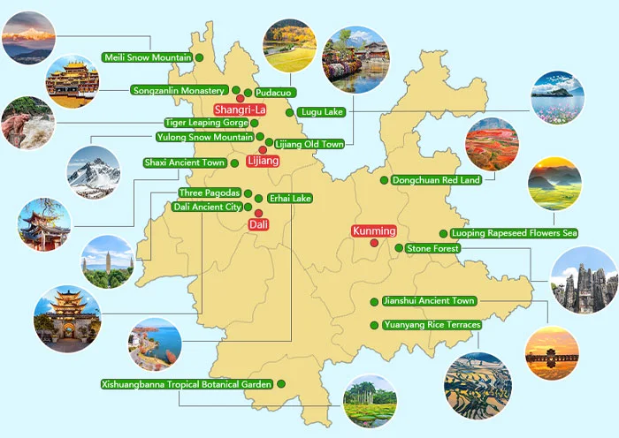 Map of Yunnan tourist cities Kunming, Dali, Lijiang, Xishuangbanna
