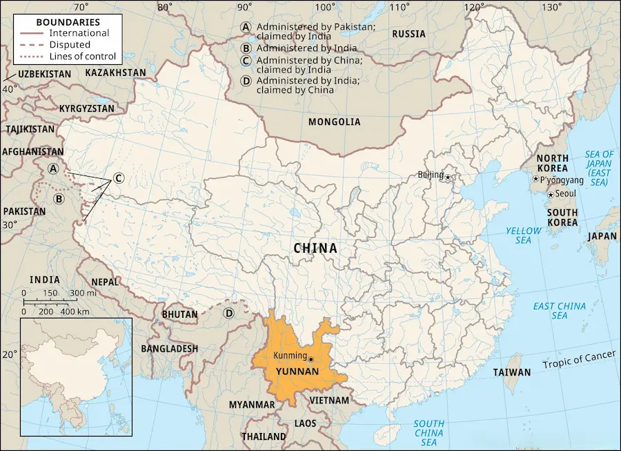 Yunnan province map showing its location in southwest China