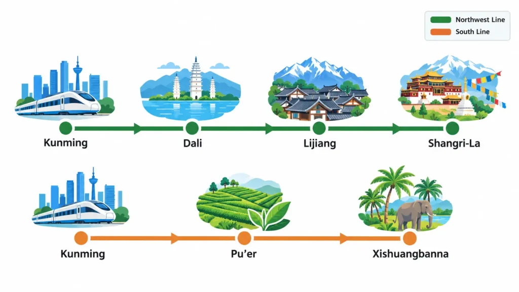 Yunnan travel routes infographic northwest and south lines